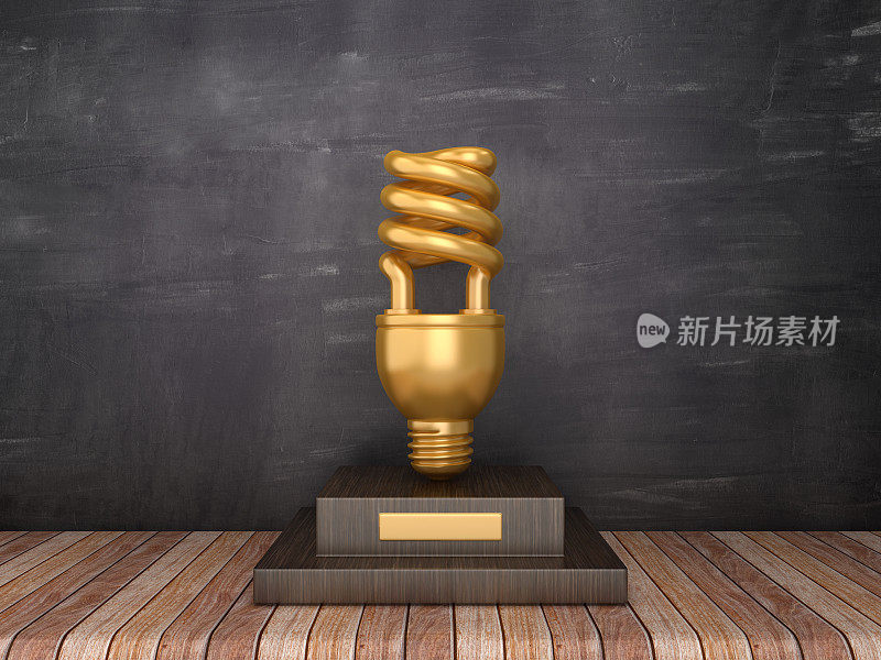 奖杯与灯泡在木地板-黑板背景- 3D渲染